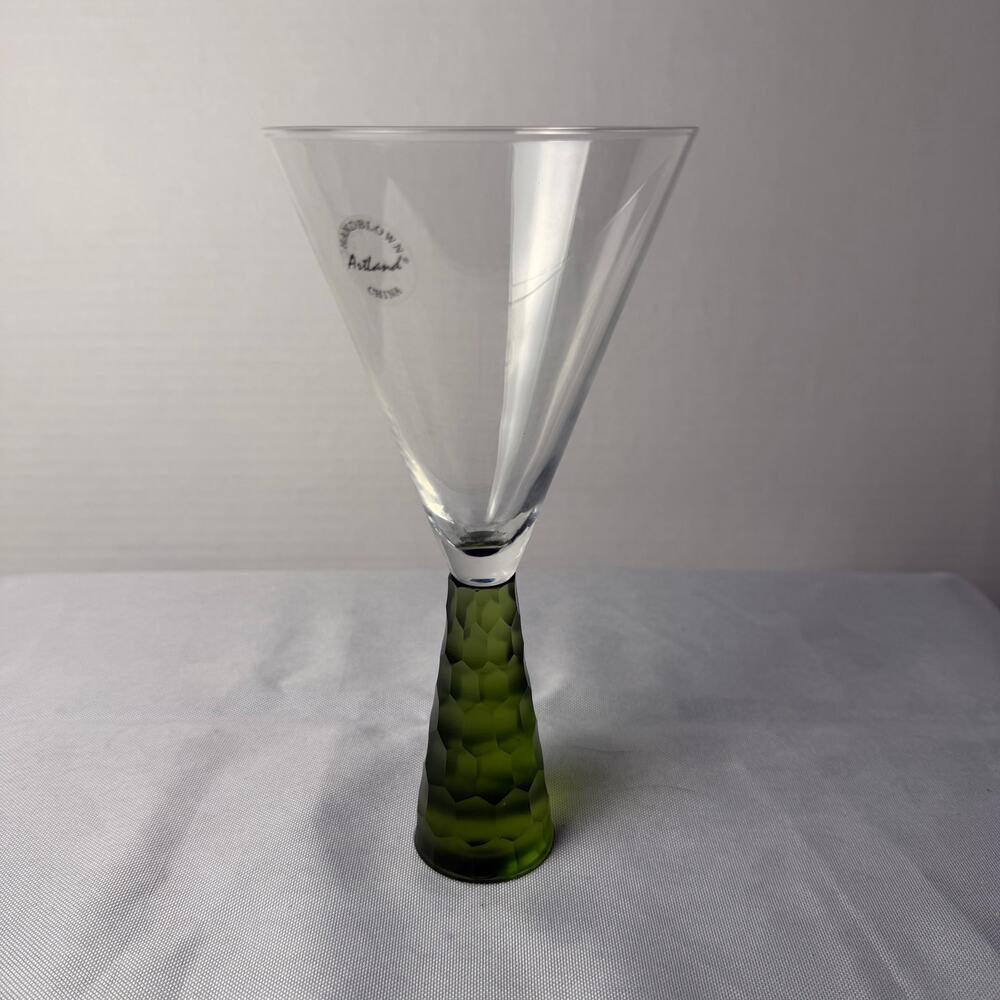 VTG Artland Prescott Handblown Martini Glass Olive Green Honeycomb Faceted Stem